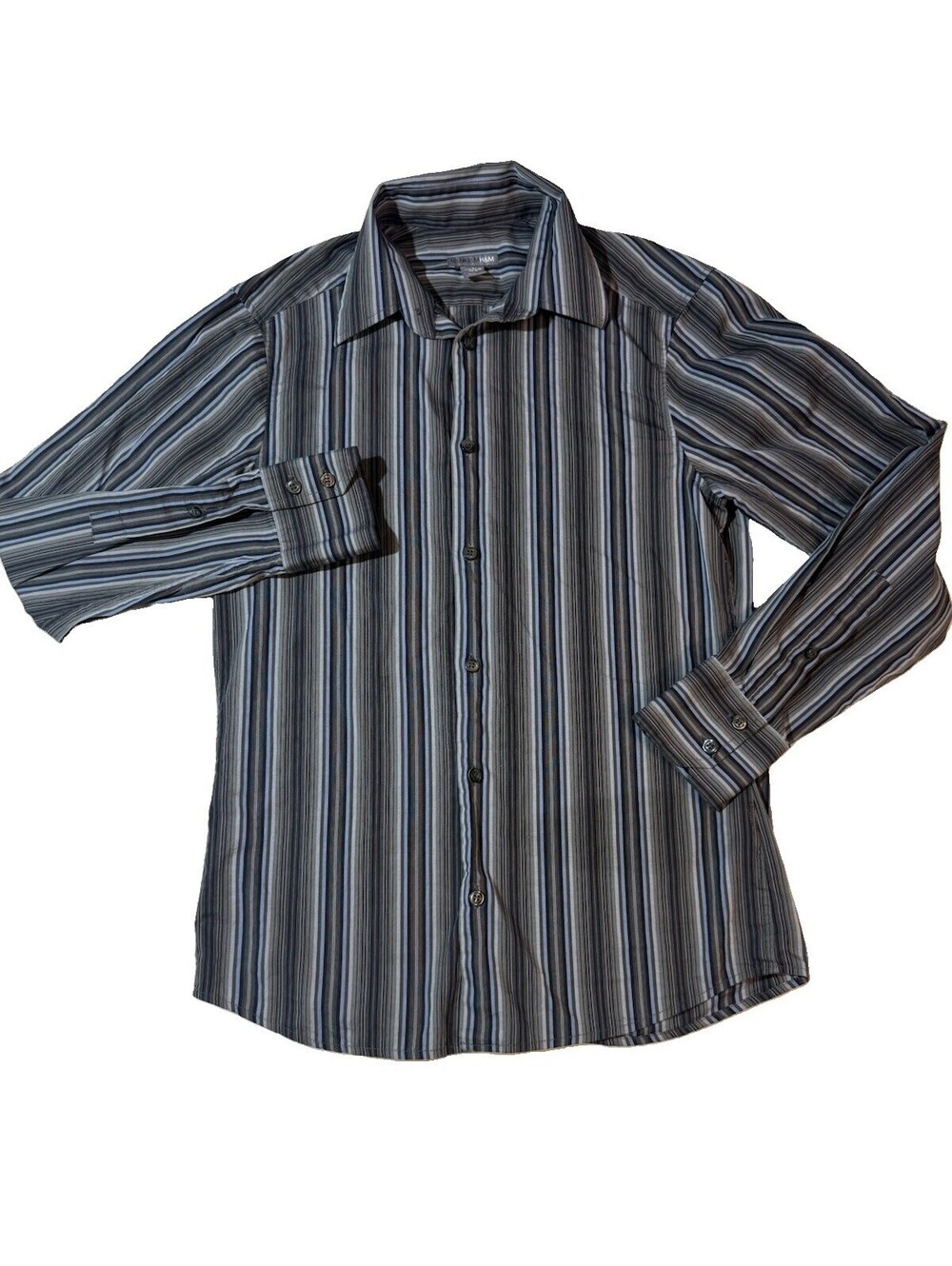 H&M Regular Blue Stripped Button Down Shirt 15 37/38 100% Cotton Long Sleeve